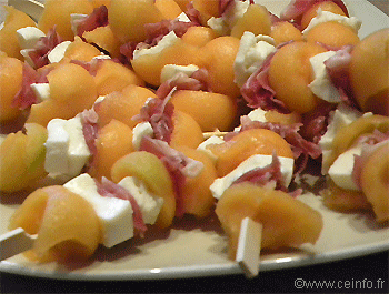 Recette Brochettes melon, jambon Pays et mozzarella 