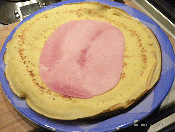 Recette Crêpes roulées au jambon, farce champignons oignons échalotes 