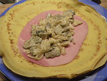 Recette Crêpes roulées au jambon, farce champignons oignons échalotes 