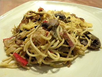 Recette Gratin de spaghettis champignons, lardons, oignons, poivrons 